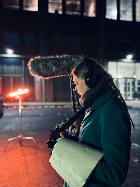 Crew recording sound at night